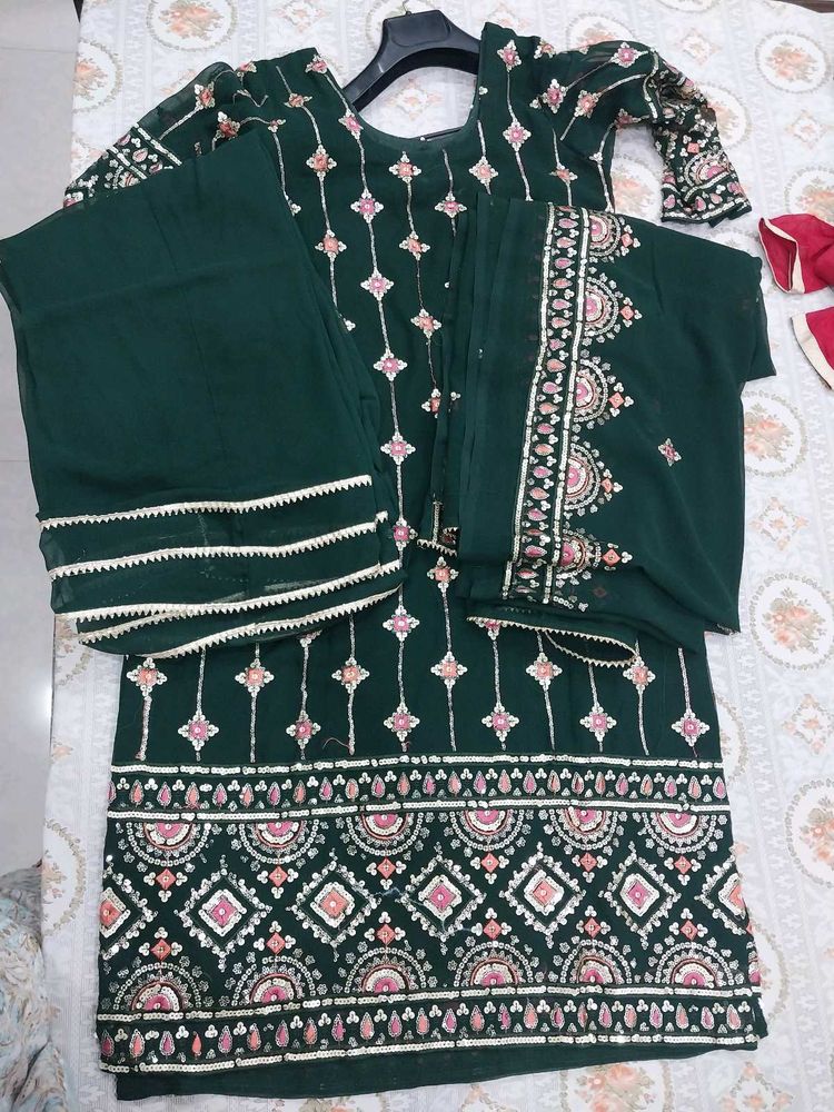 Dark Green Kurta With Plazo And Dupatta