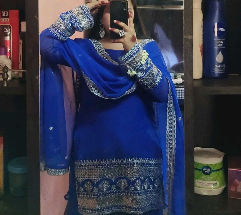 Blue Embroidered Sharara Suit XXL.