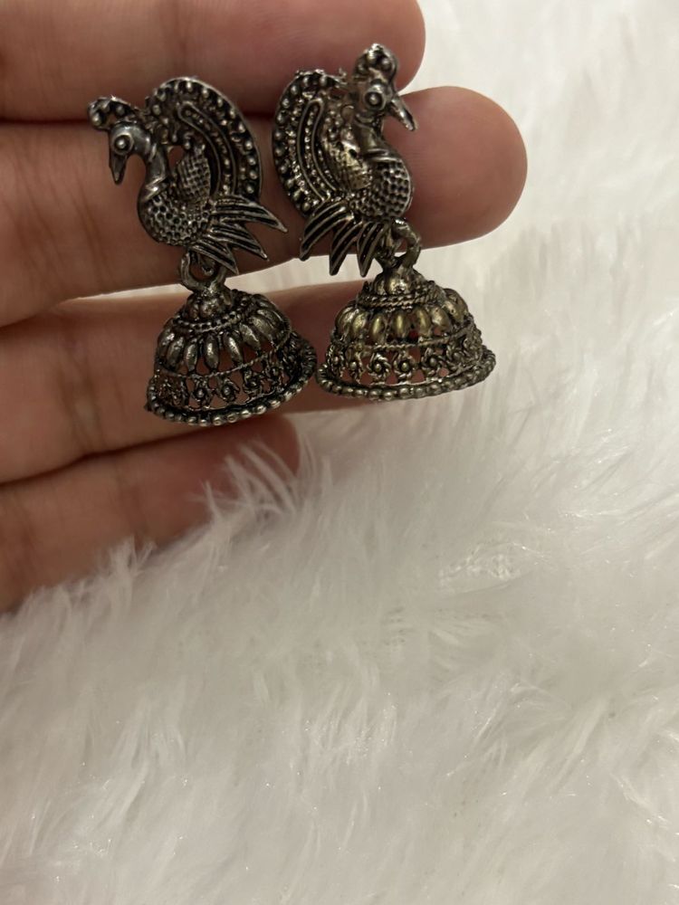 Peacock Silver Oxidized Jhumka Earrings