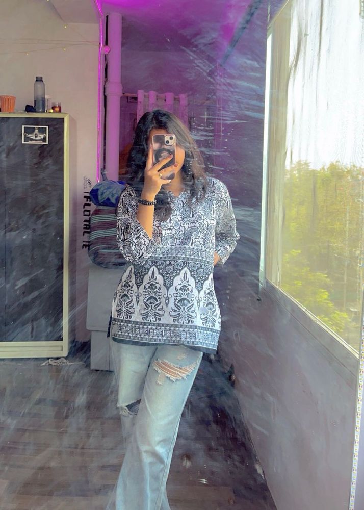 Boho Ethnic Pattern White Short Kurti
