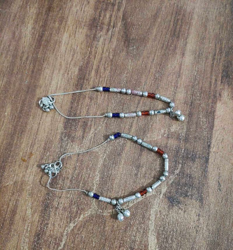 Silver Anklets with Colorful Beads