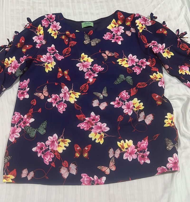 Floral Top - L Navy Blue