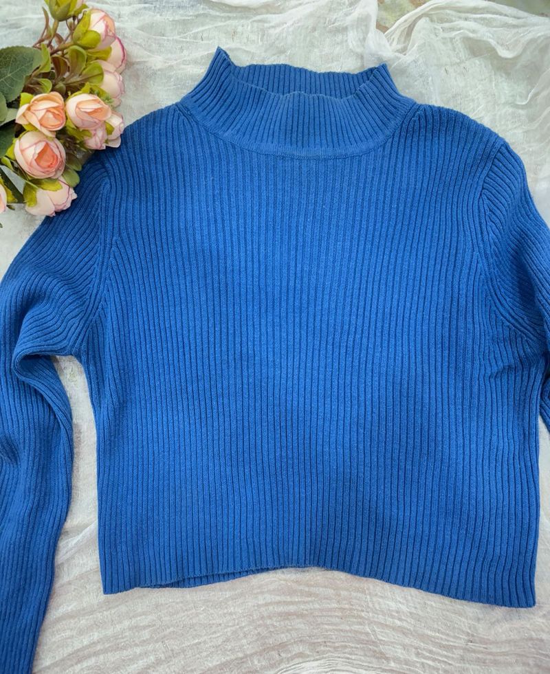 Blue Ribbed Knit Top