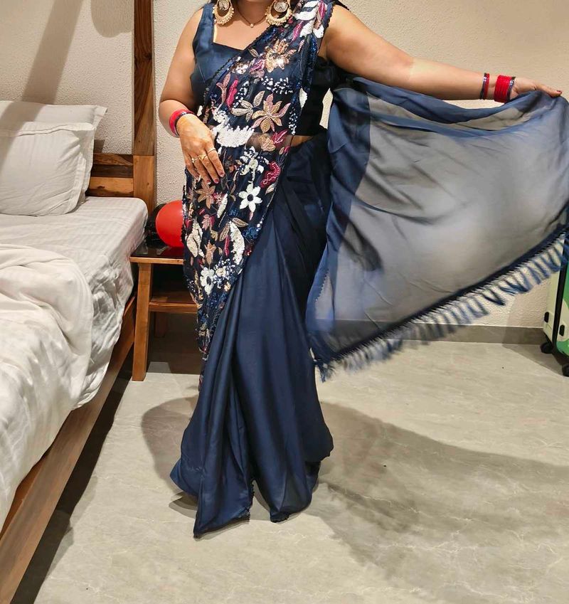 Elegant Blue Embroidered Saree
