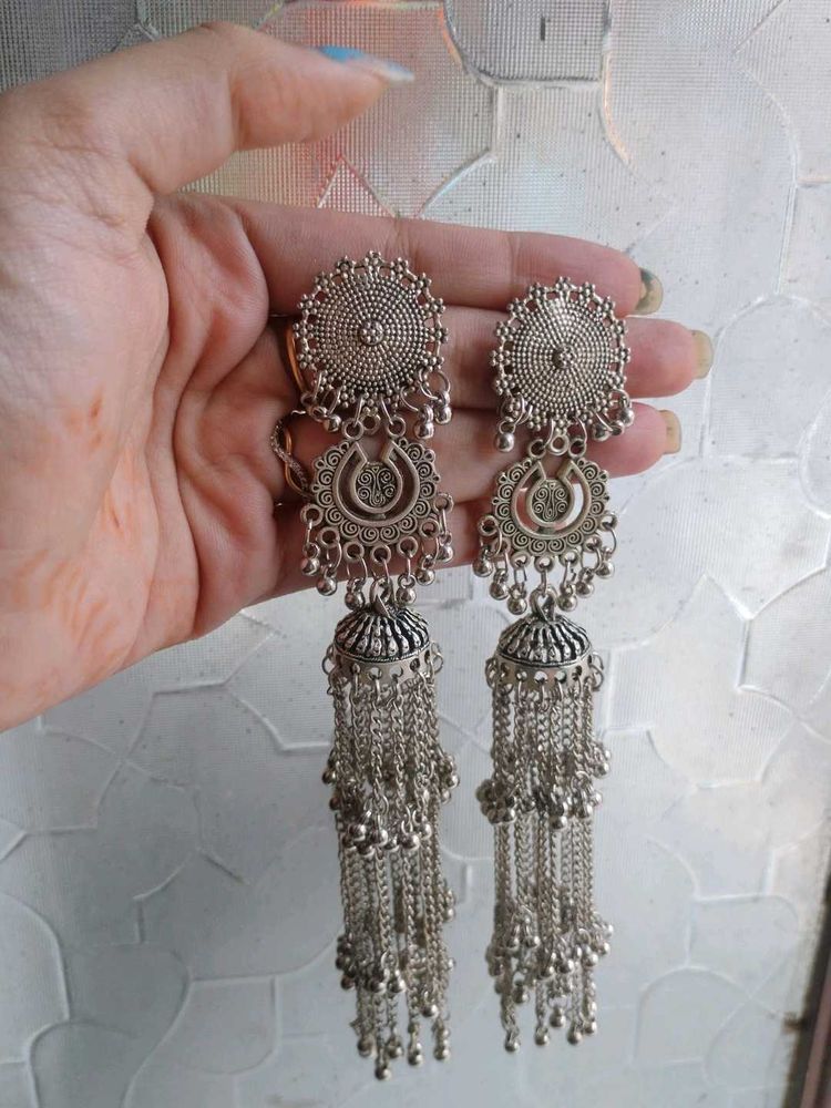 BOHO Silver Long Chandelier Jhumka Earrings
