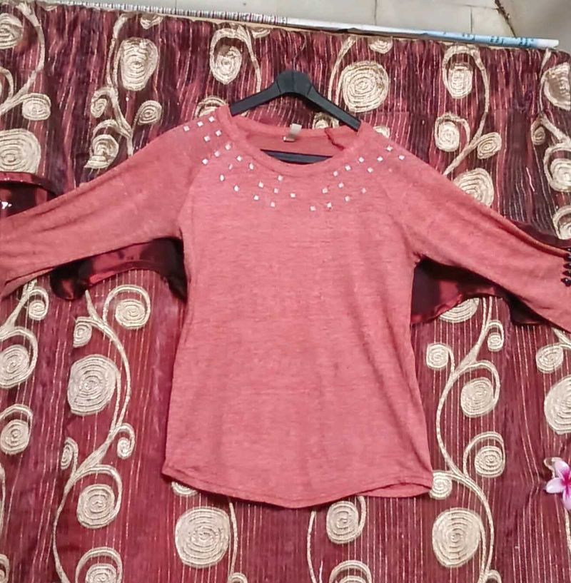 Coral Long Sleeve Top with Studs