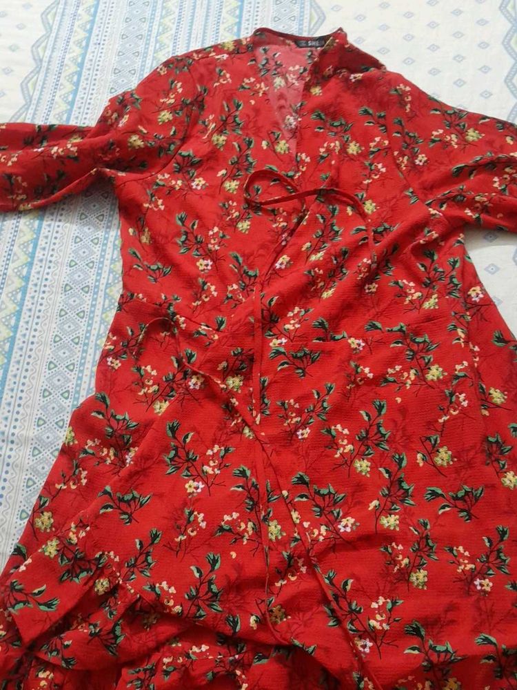Bright Red Florals Wrap Dress