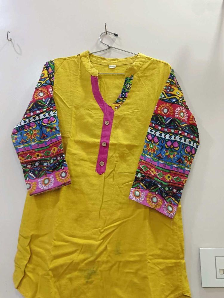 Yellow Embroidered Print Kurti