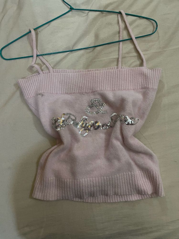 Pink Embellished Knit Tank Top