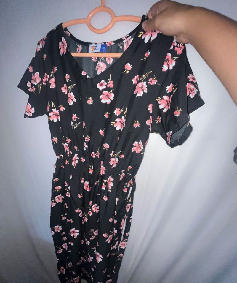 Black Floral Japanese Blossom Print Dress. Size-XL