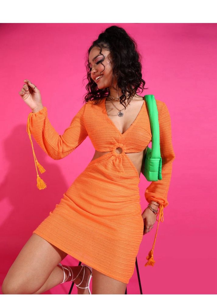 Orange Self-design A-line Dress For Women