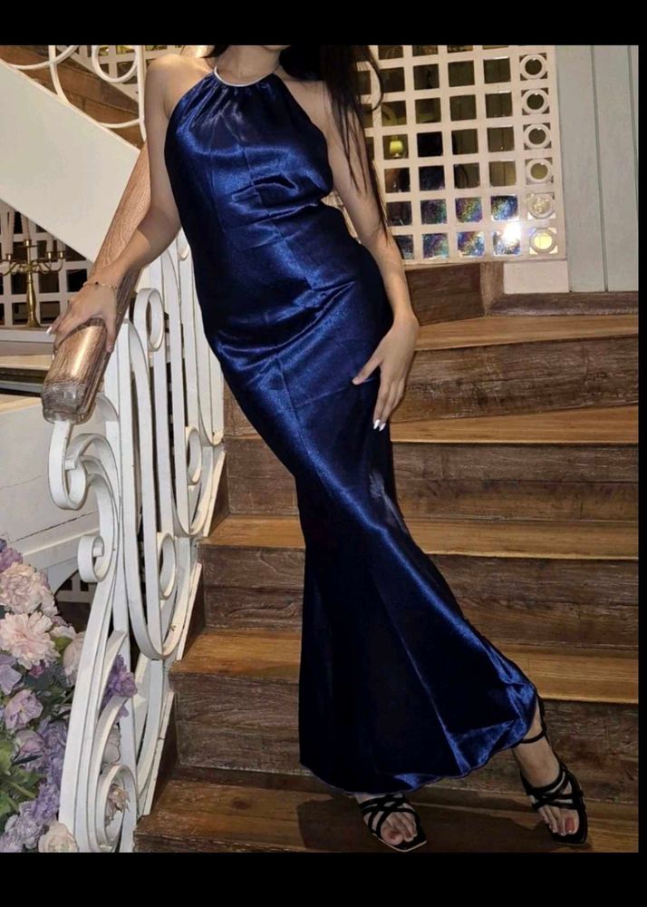Navy Blue Satin Maxi Dress