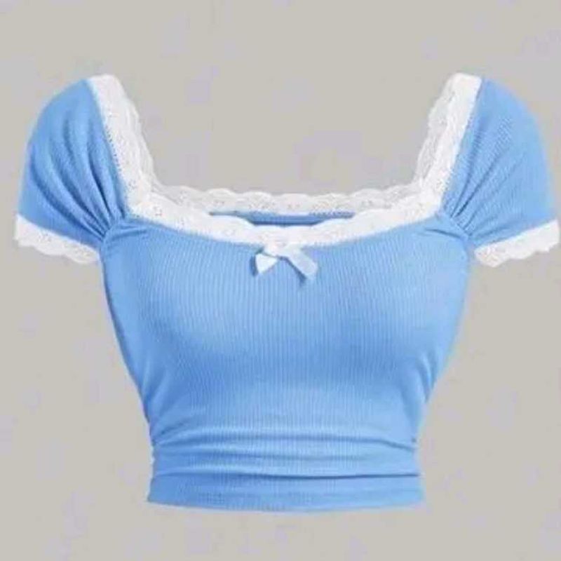 Cute Blue Lace Trim Crop Top