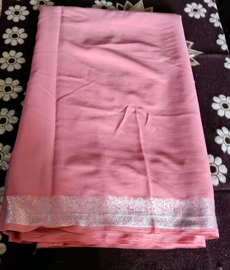 Light Pink Saree with Silver Border