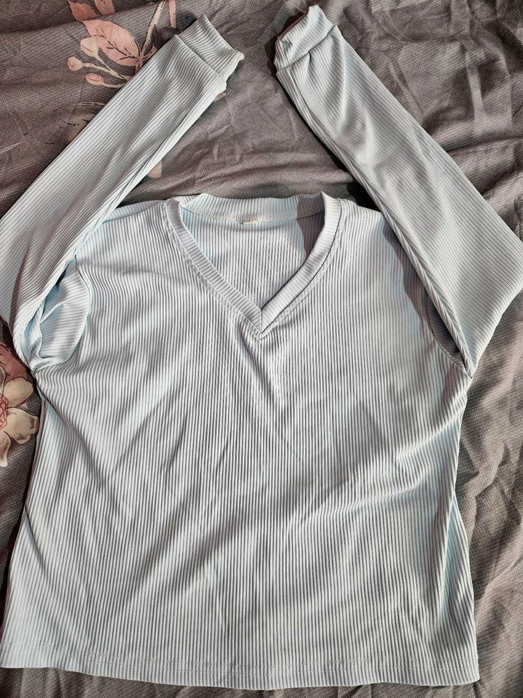 Light Blue Ribbed V-Neck Top