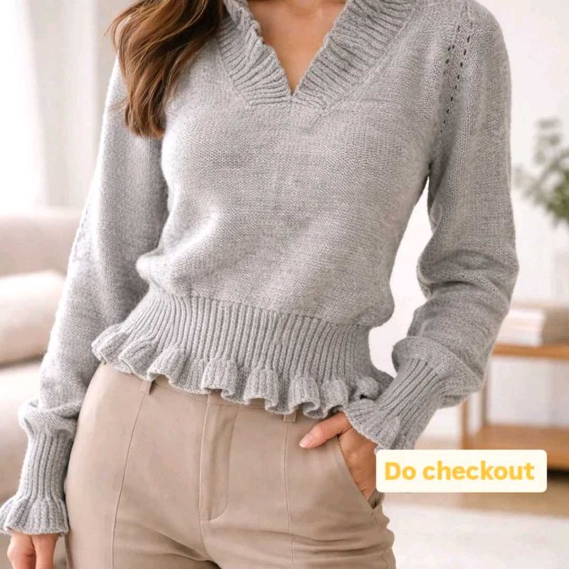 Stylish Grey Ruffle Hem Sweater