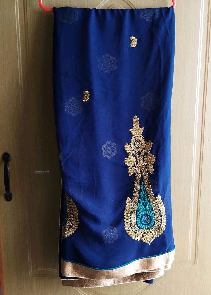 Georgette Navy Blue Saree With  Thread  Embroidery