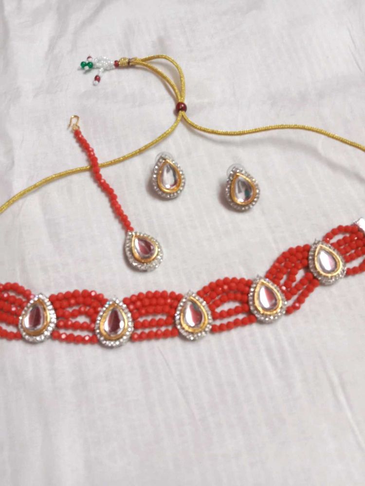 Red Kundan And AD Choker Set