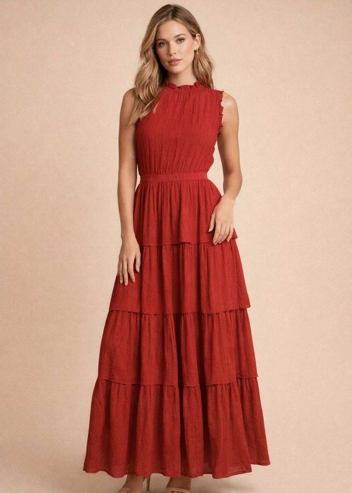 Wine Red Sleeveless Maxi Dress with Ruffled