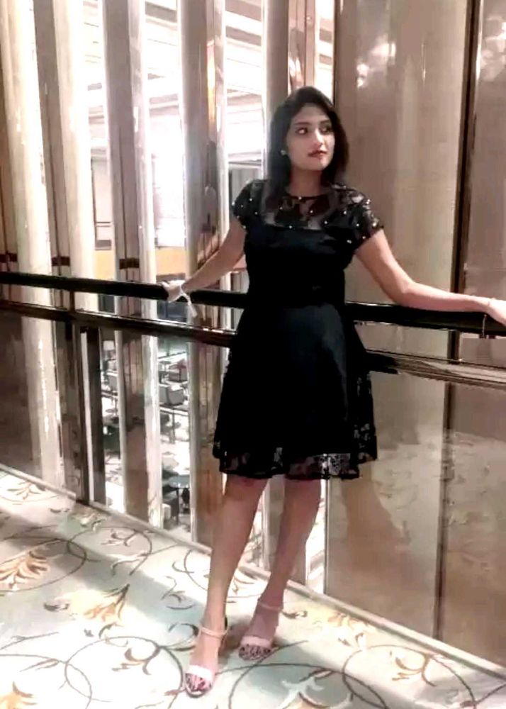 Elegant Black Lace Fit &amp; Flare Dress with Pearl De