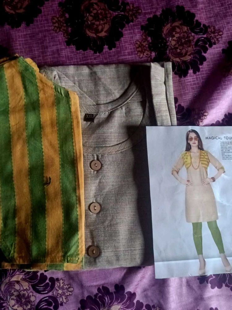 Khaki &amp; Green Kurti Set With Coat