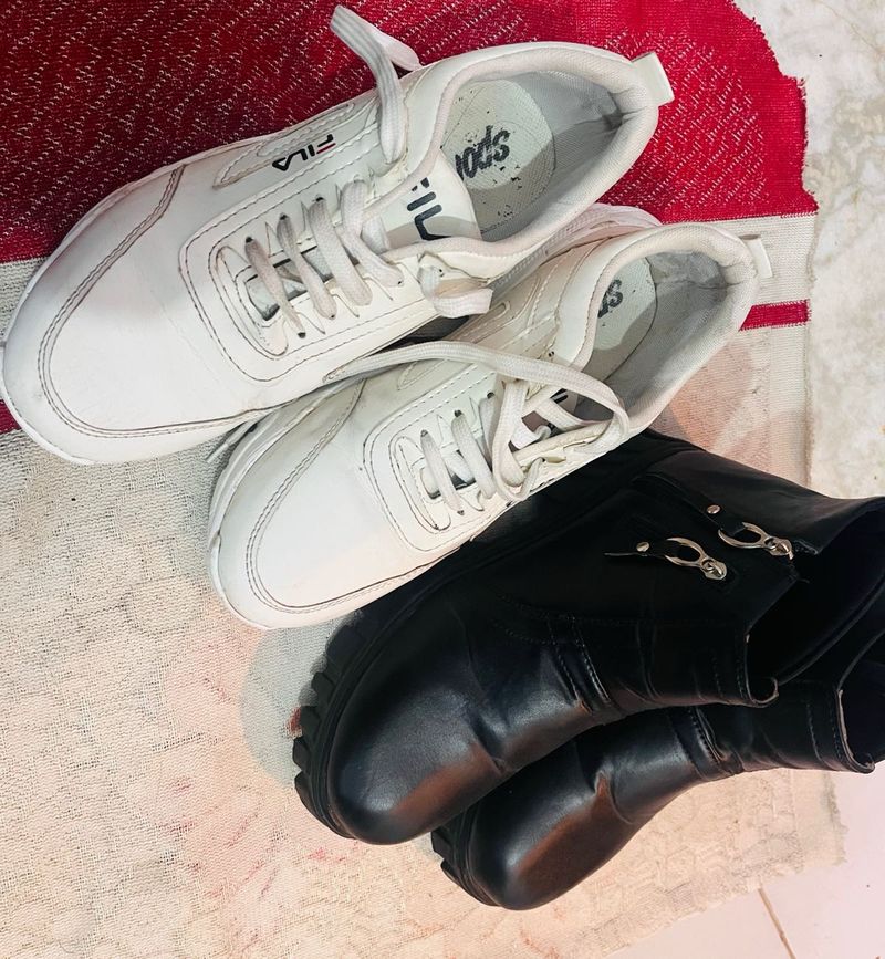Fila White Sneakers &amp; Black Boots