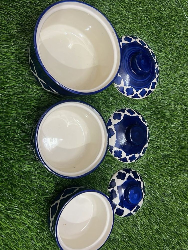 Blue Ceramic Bowls with Lids - Set of 3