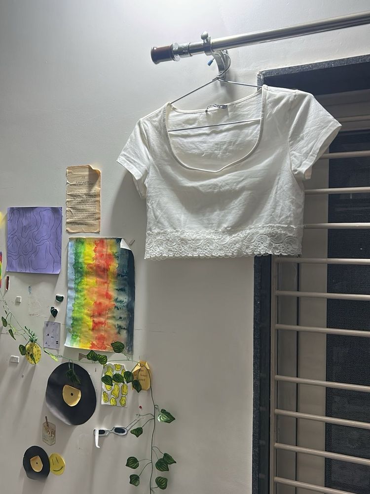 White Lace Trim Crop Top