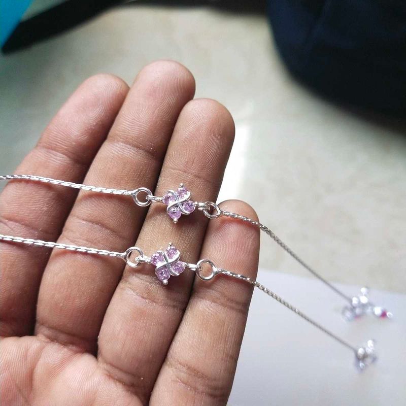 Pure Silver Pink CZ Snack 🥨 Chain ⛓️ Anklets पायल