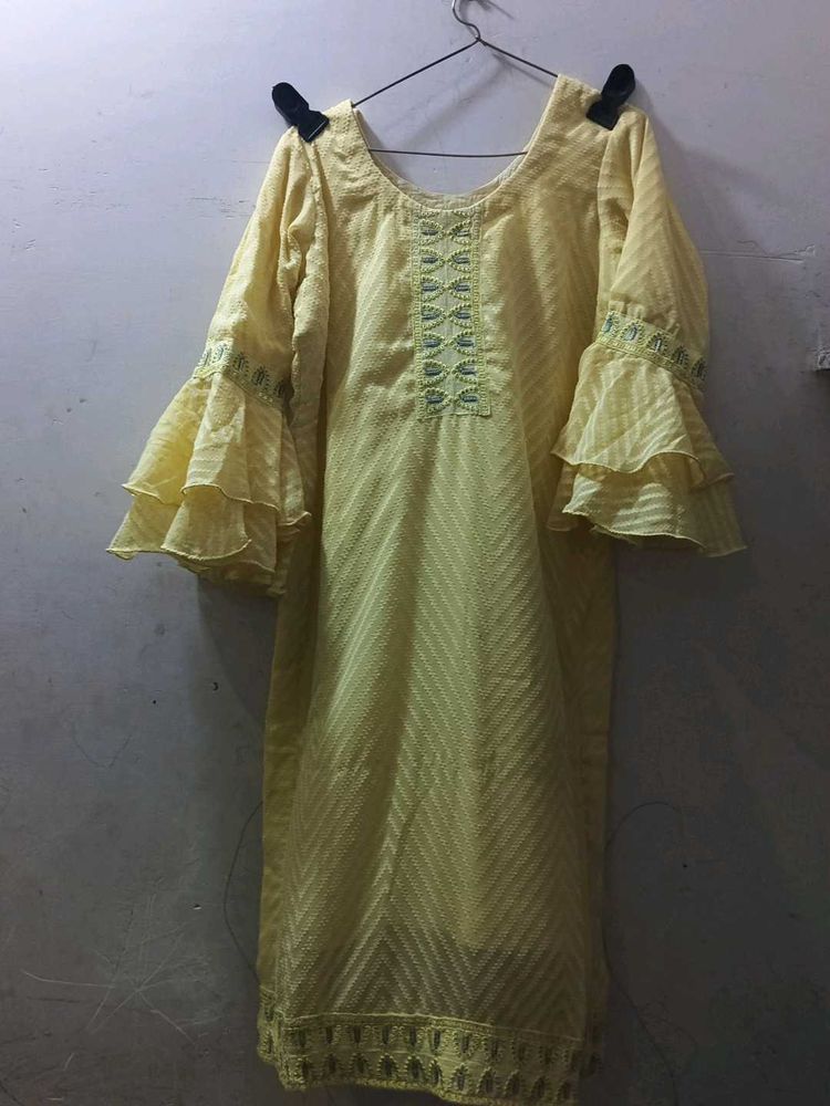 Yellow Embroidered Kurti with Ruffle Sleeves