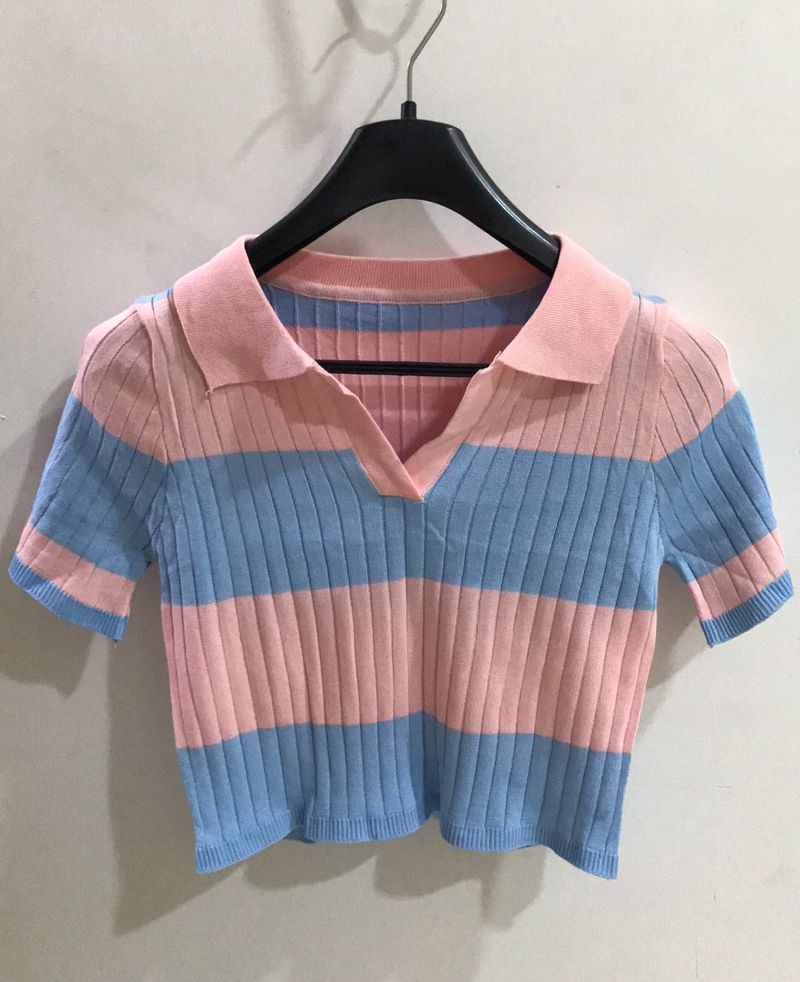 Polo Shirt Top For Women In Sky Blue And Baby Pink Colour