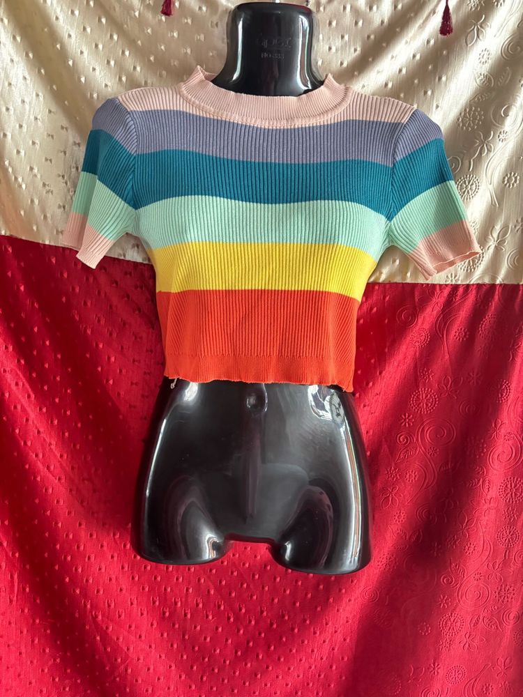 Retro Rainbow Ribbed Knit Mock Neck Crop Top