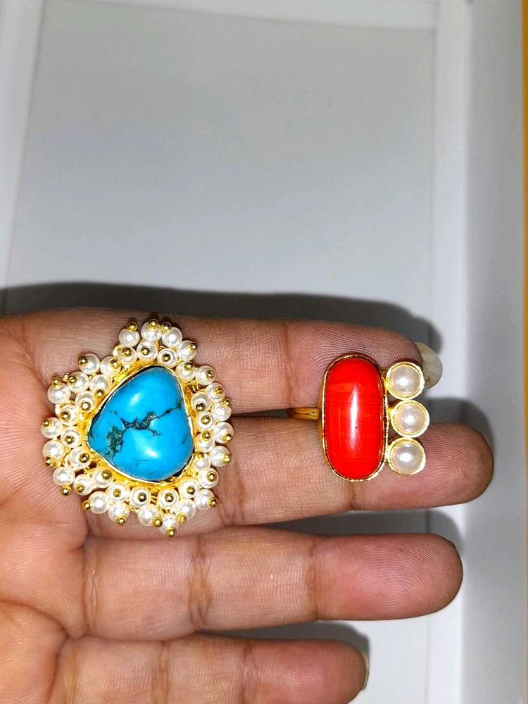 Coral and Turquoise Gemstone Rings(Set of 2)