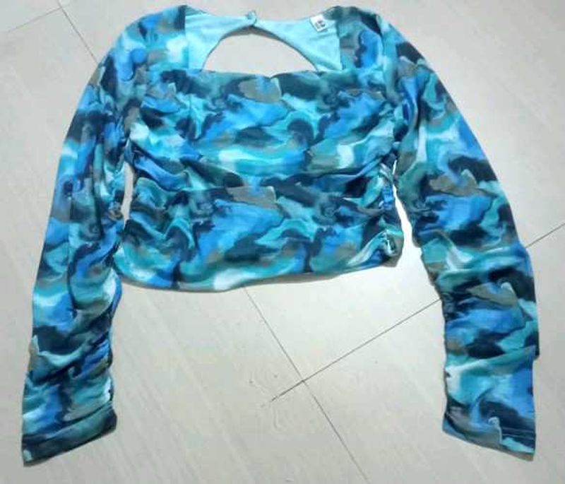 Blue Print Ruched Long Sleeve  Mesh Top
