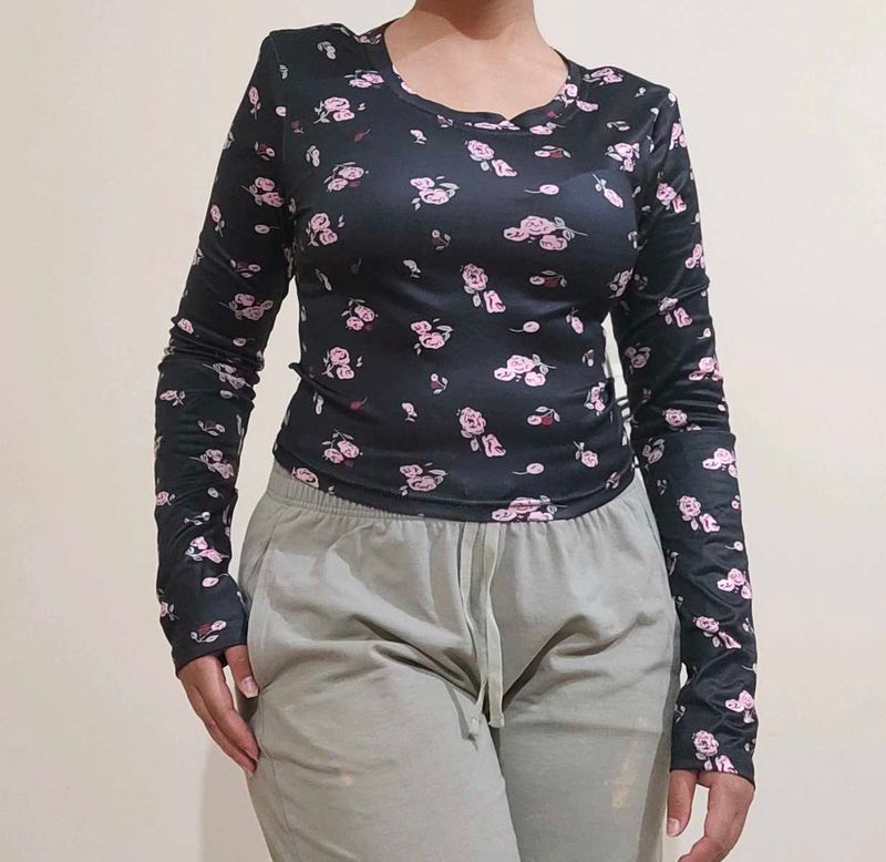 Black Floral Print Crop Top