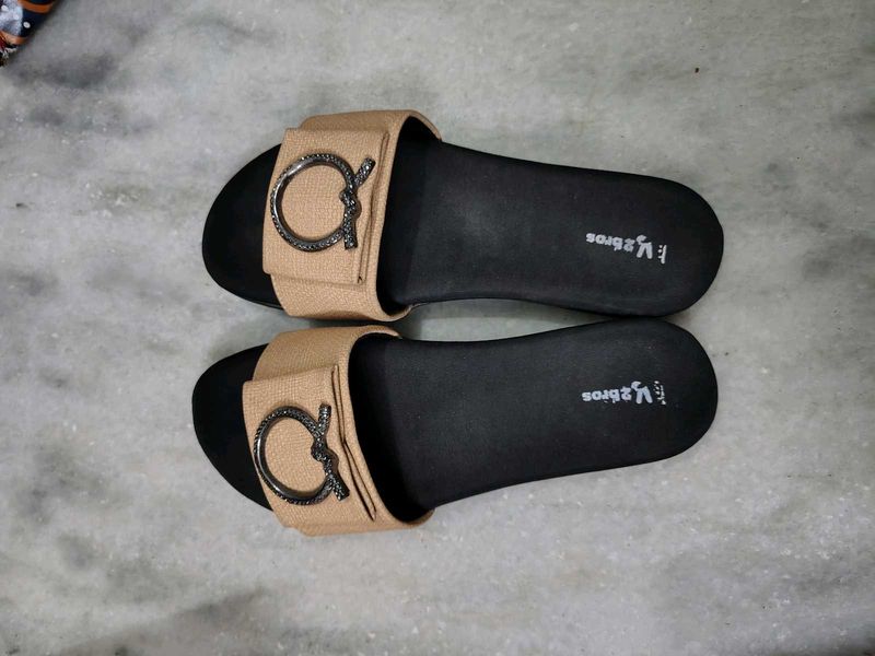 Tan Slides with Metal Accent