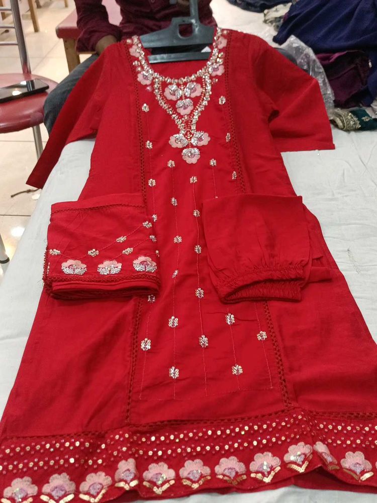 Red Embroidered Kurta Set