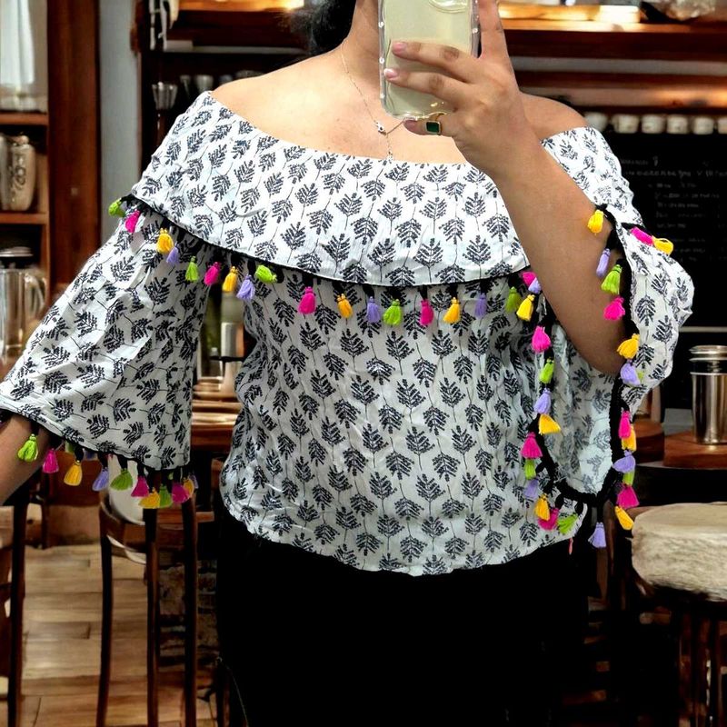 Boho Chic Off-Shoulder Cotton Top with Multicolor