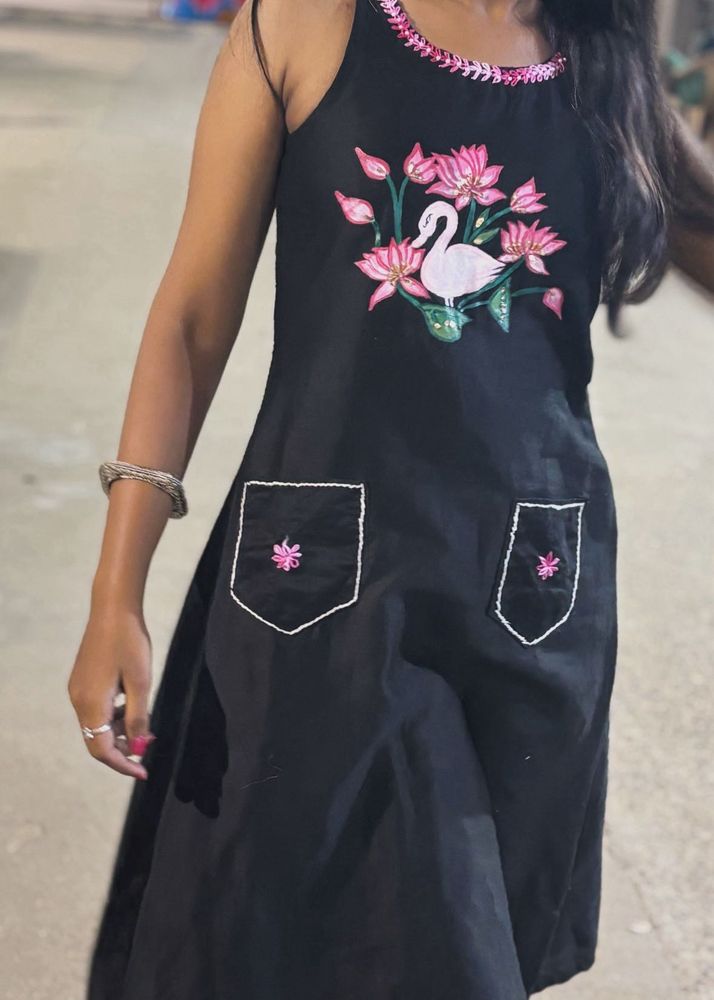 Swan Print Black Dress