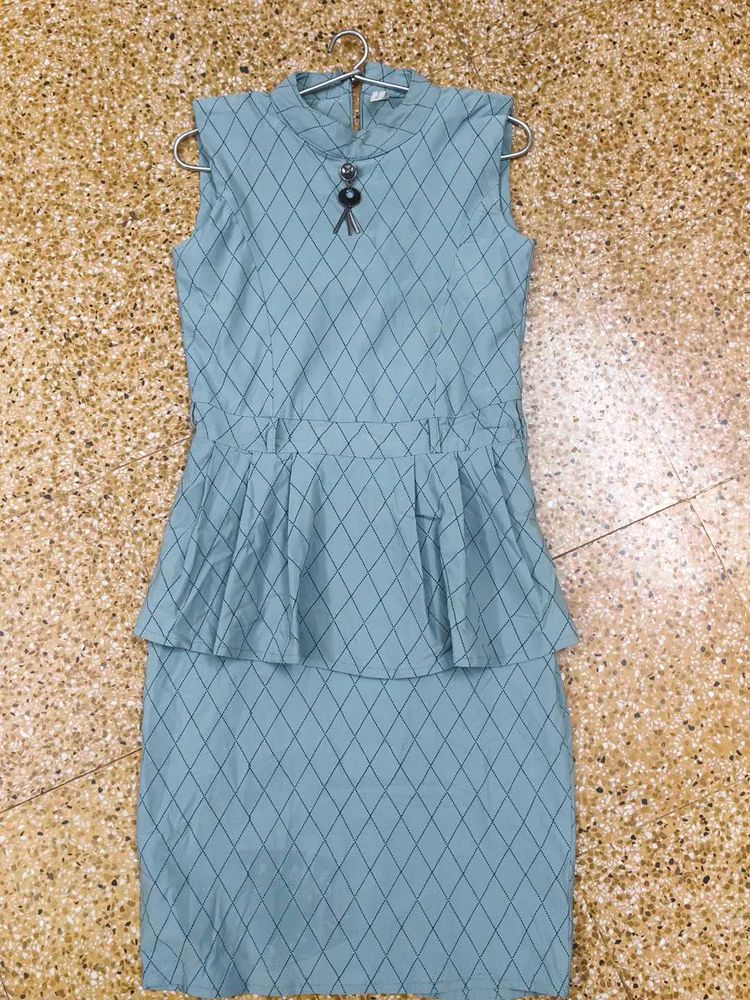 Blue Diamond Pattern Peplum Dress