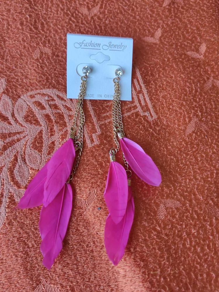 Pink Feather Dangle Earrings