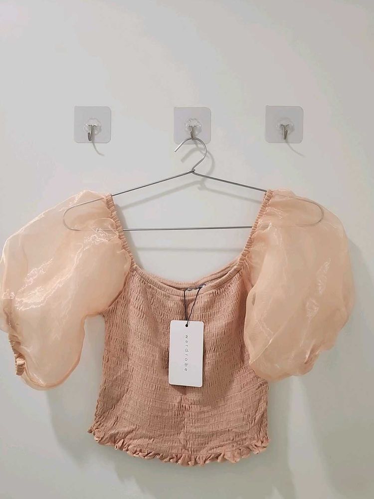 Sale Cute Korean Chic Organza Puff Sleeve Top