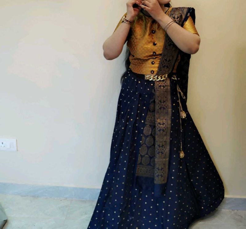 Blue Lahnga ,Dupatta With Yellow Blouseonly one ti