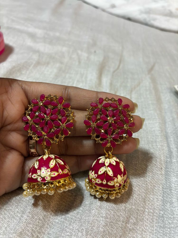 Red Floral Jhumka Earrings