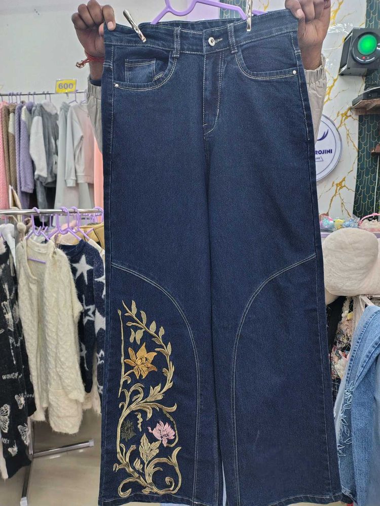 Embroidered Wide Leg Denim Jeans