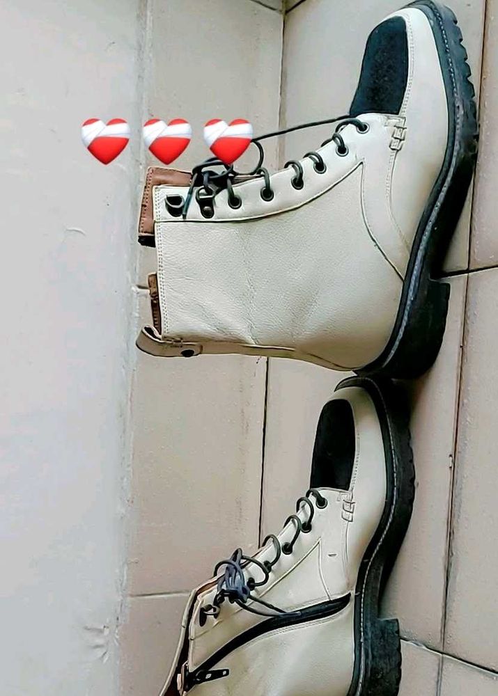 Cream Leather Ankle Boots