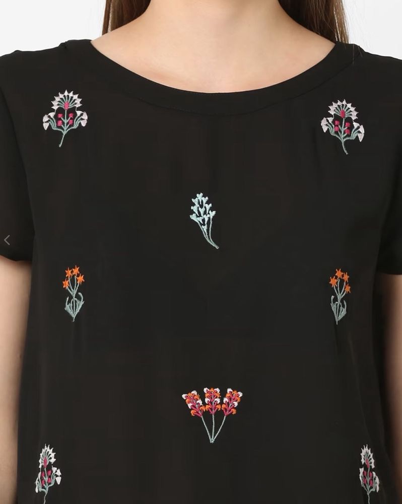 Black Floral Embroidered Short Sleeve Top