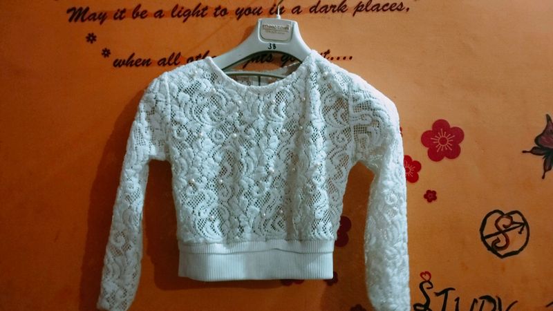 White Full Sleeve Top With Pearl Design