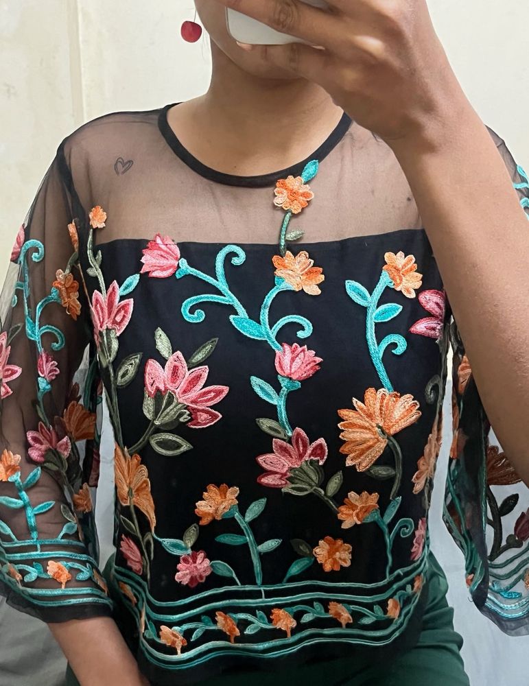 Floral Embroidered Mesh Top