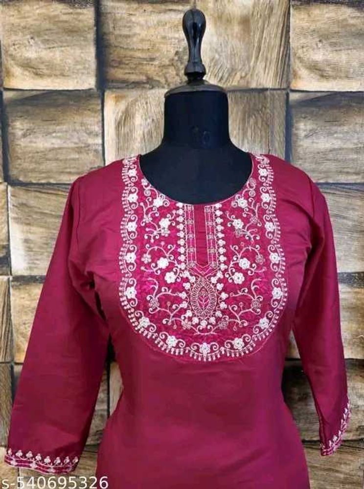 Maroon Embroidered Kurti Bottom And Dupatta Set
